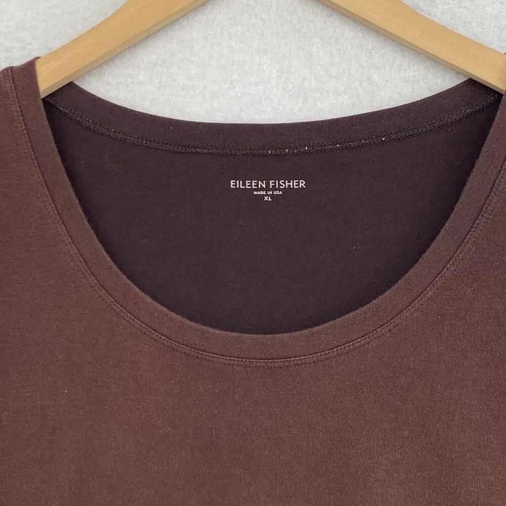 EILEEN FISHER Top XL Stretch Organic Cotton Scoop Neck Cap Sleeve Brown USA - Picture 3 of 9